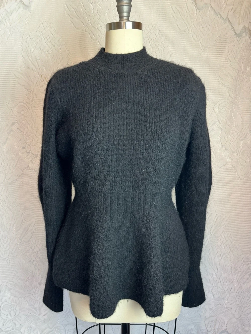 H&M Black Puff Sleeve Peplum Alpaca Sweater